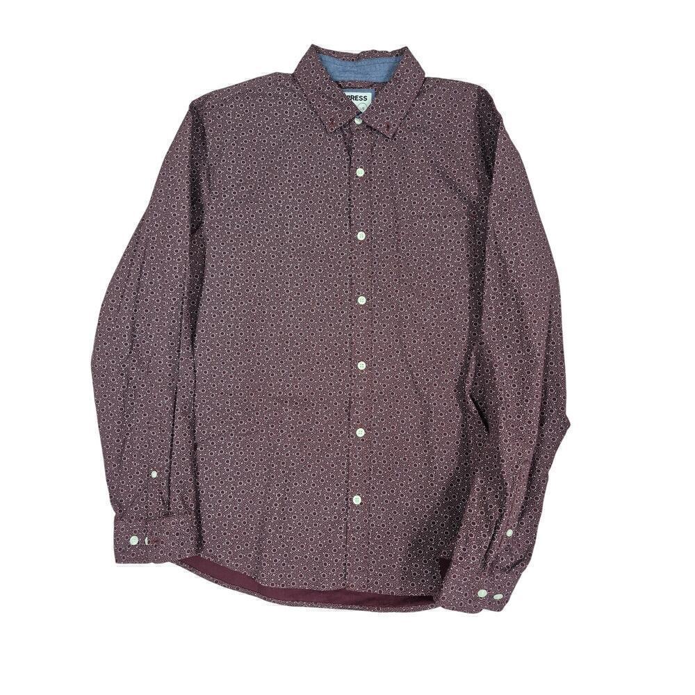 Express Mens L Slim soft wash, calico mens button down cotton shirt Denim Accent